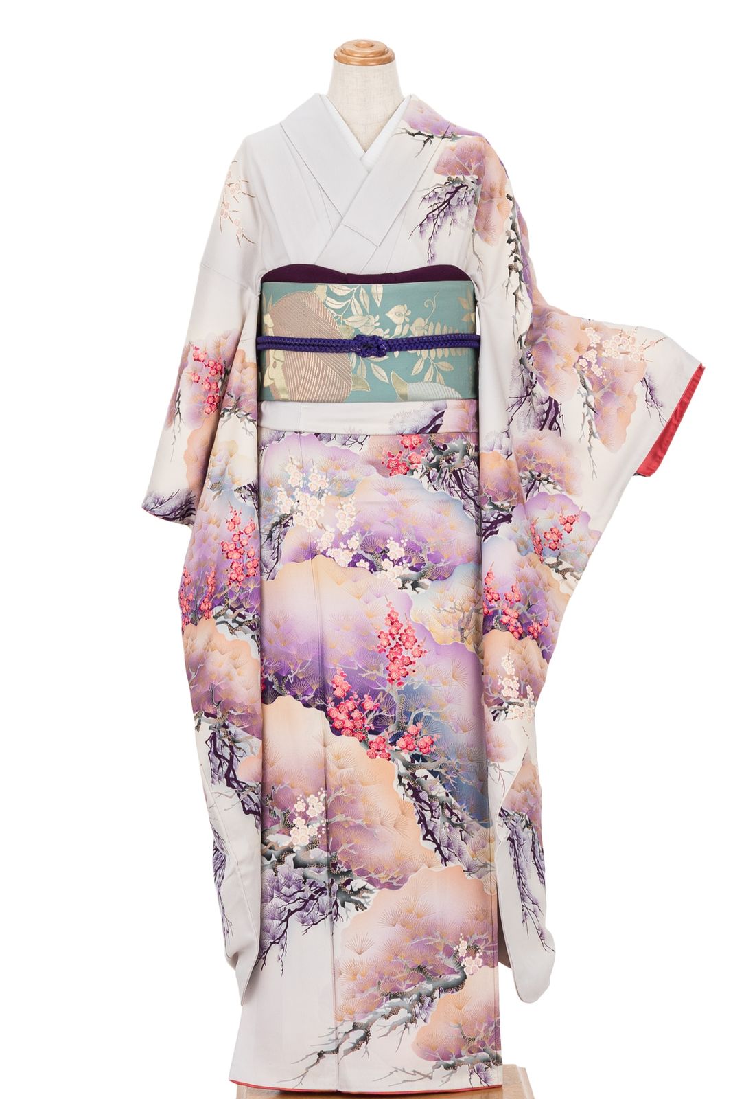 振袖 正絹 薔薇格子模様 5点セット 身丈170cm 裄丈67.5cm 袋帯 長襦袢