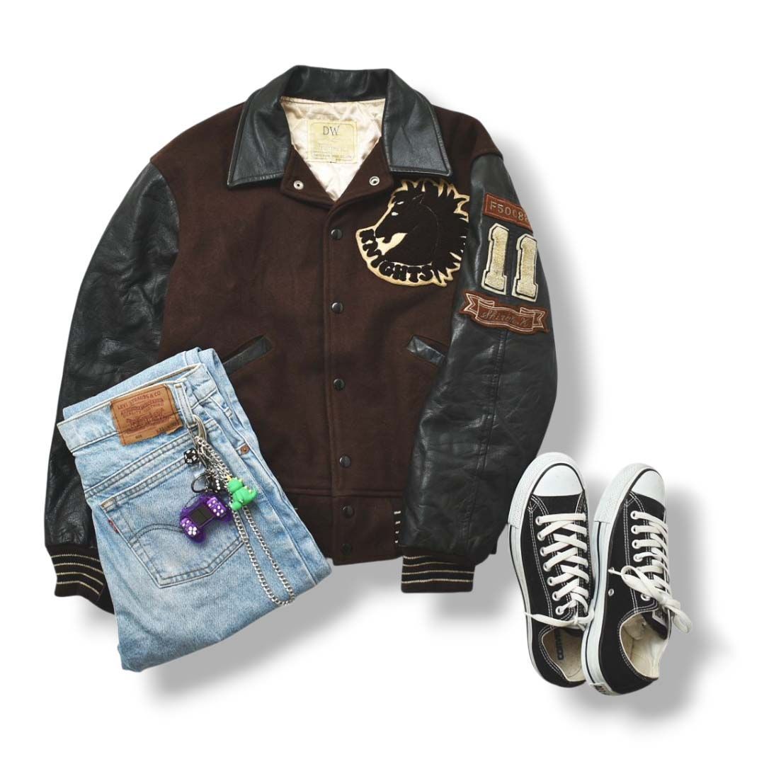 90sヴィンテージ デビットワークショップ DW 明治大学 Knights DW DAVID WORKEHOP 本革 レザー切替 スタジャン ジャンパー ジャケット L 茶 x 黒