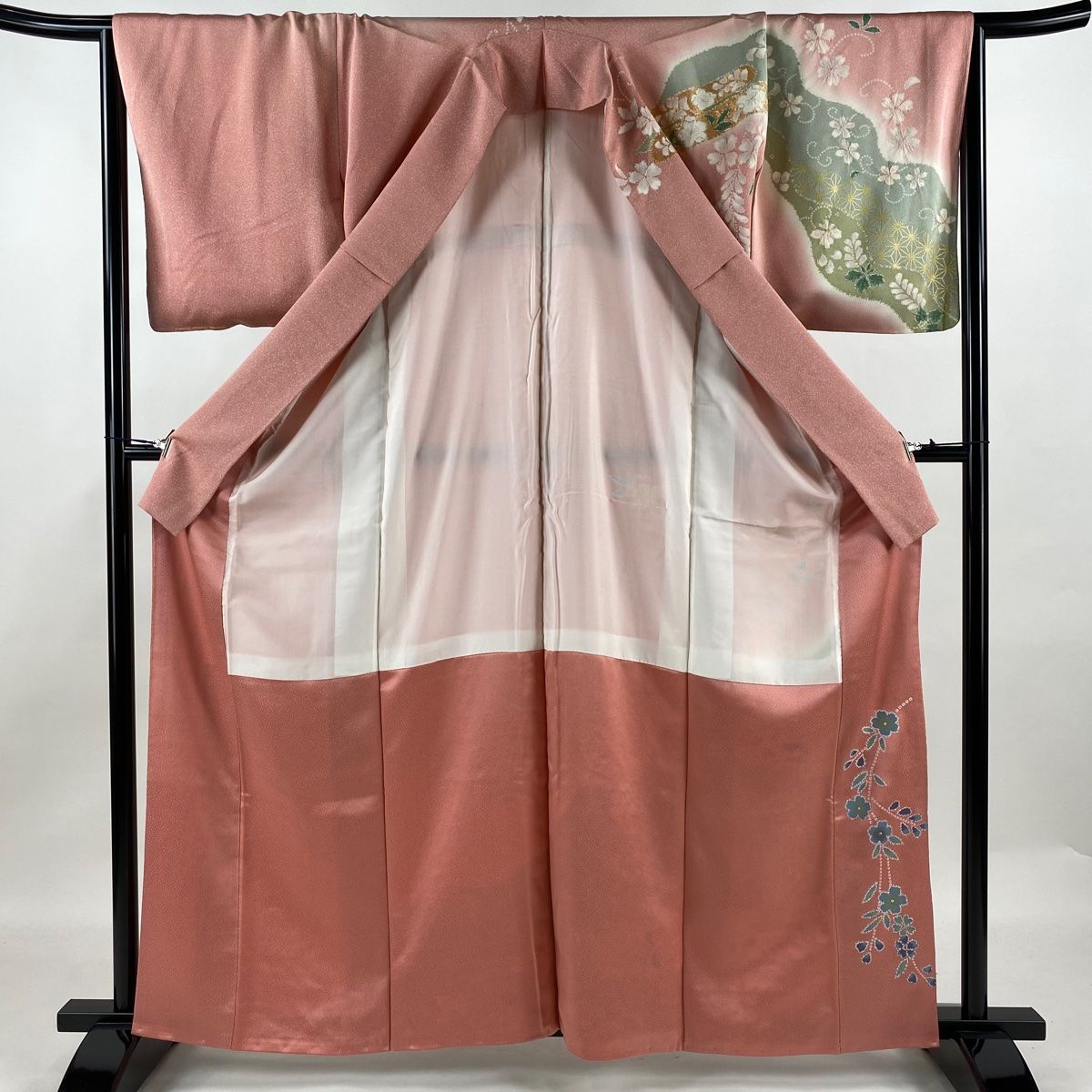 バイセル 着物 名品 訪問着 茜色 辻が花柄 有職文様 ぼかし 正絹 袷（10月～5月） 164cm Lサイズ ☆☆☆☆ 付下げ 身丈163cm 裄丈67cm M 袷 落款 松梅 金銀彩 染め分け 紫