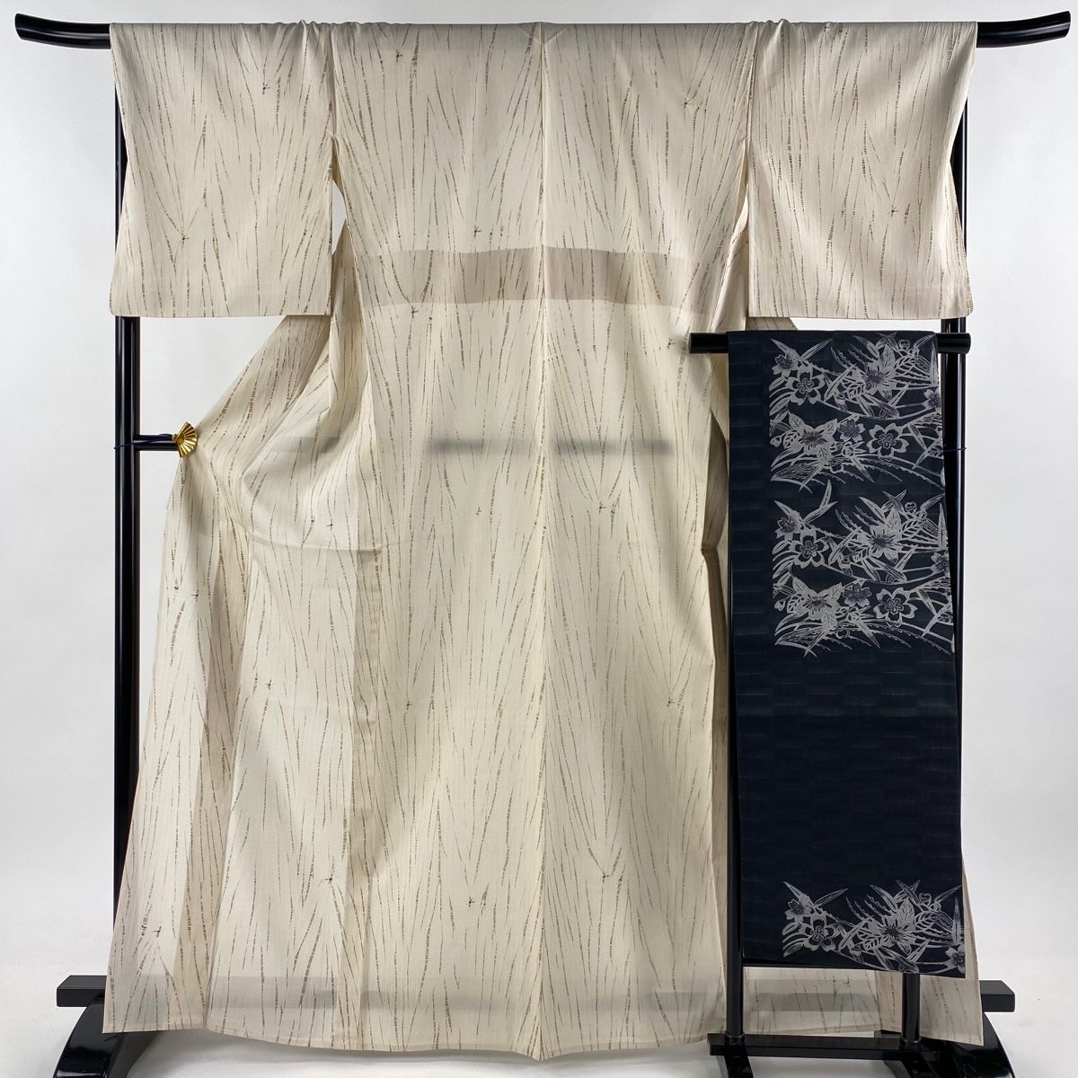 小紋 身丈167cm 裄丈68cm L 薄物 名古屋帯セット 幾何学 ベージュ 正絹 秀品