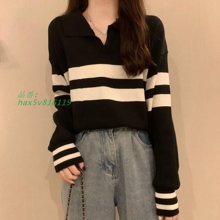 トップス ニット セーター レディース きれいめ ボーダー 襟付き カジュアル ゆったり 体型カバー 大き 長袖 フェミニン 大人 ライン おしゃれ Vネック hax5v816119