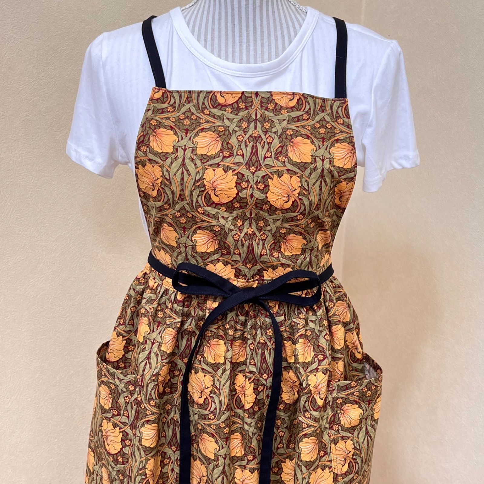 ウィリアムモリス 2wayギャザーエプロン ピンパネル ハンドメイド