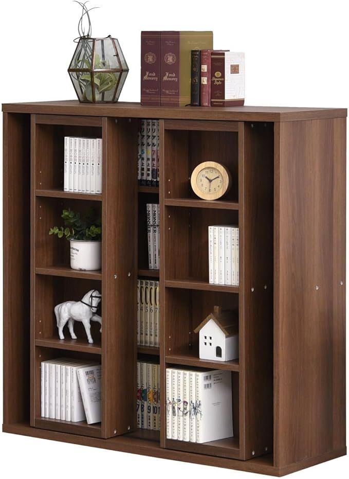 本棚 ダブルスライド式 奥深 スライド書棚 コミックラック 大容量 幅90cm 奥行き34cm 高さ92cm ウォールナット
