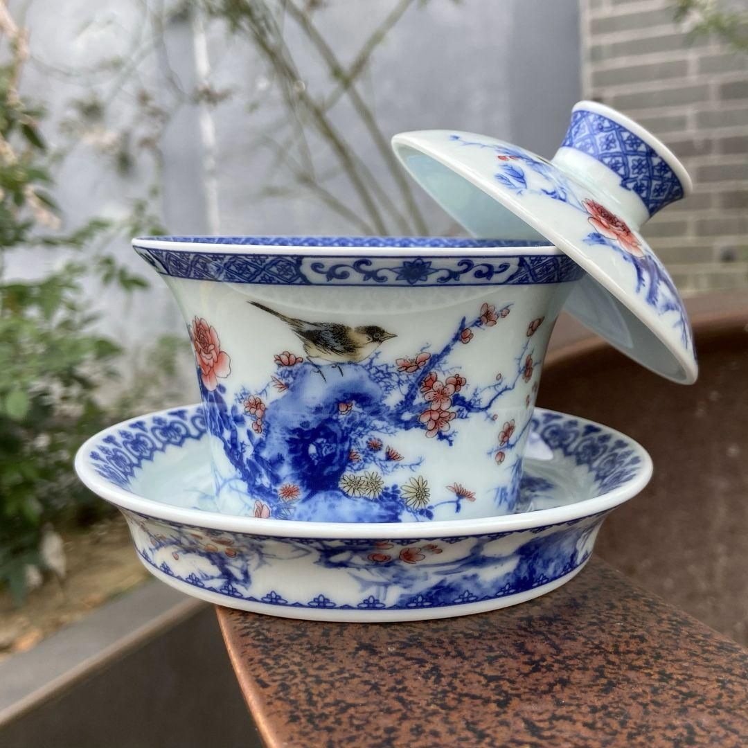 中国茶器 景徳鎮 陶磁器 青花馬蹄三才蓋碗 喜上眉梢 茶碗 煎茶器