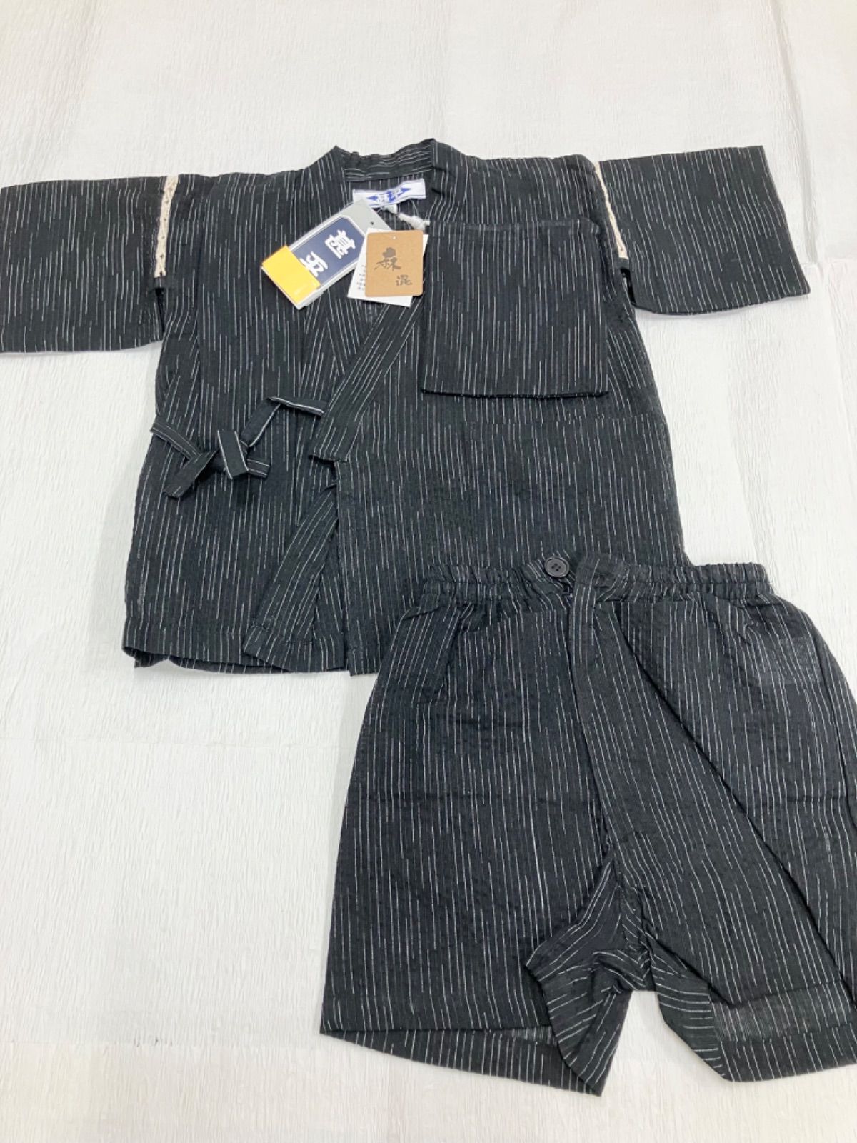 ≪花ラブリ≫KJ482BK100　キッズ甚平　子供甚平　じんべい　黒　ブラック　縦縞　しま　１００サイズ　夏祭り　花火大会　和装　和風　和柄
