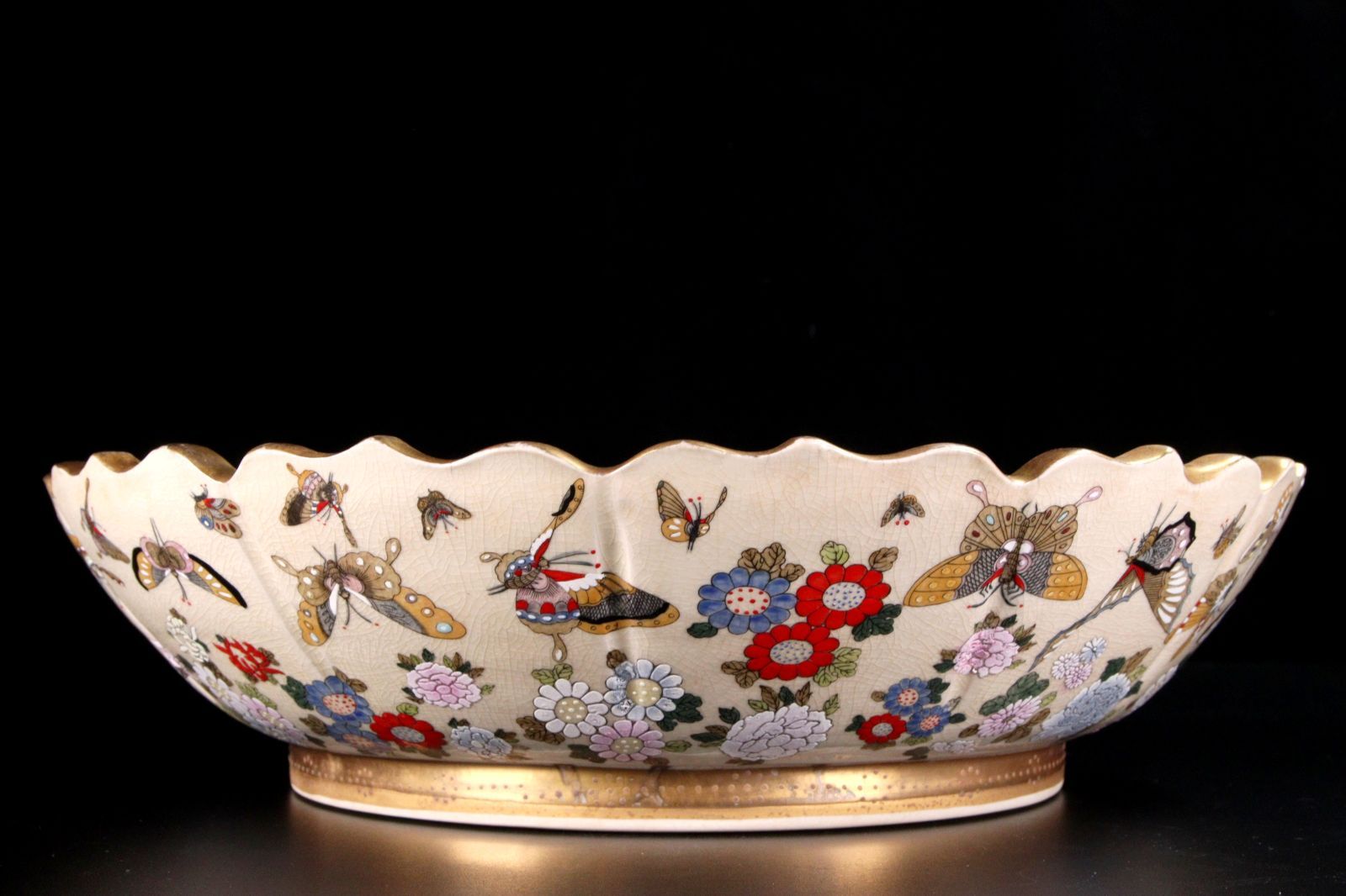 薩摩焼 金襴手 群鶴花鳥図鉢 40cm 箱付 唐物 骨董 古美術 楾