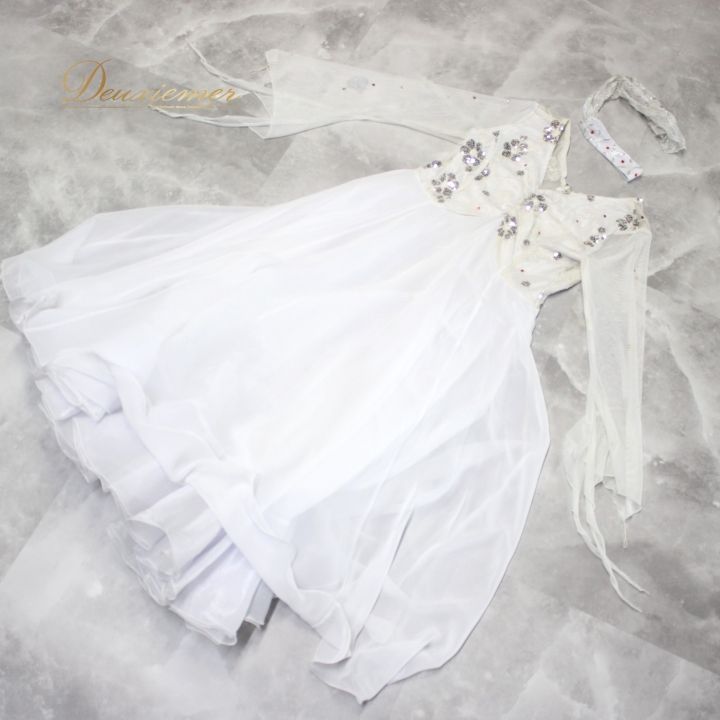 サッパリした 社交ダンス 衣装 スタンダード ドレス ワンピース パーティ衣装 ステージ衣装 レディース オールシーズン Leirena レイリーナ ホワイト系 白 スパンコール 長袖 レース 花柄 チョーカー フォーマル 衣装 ドレッシー おしゃれ デート