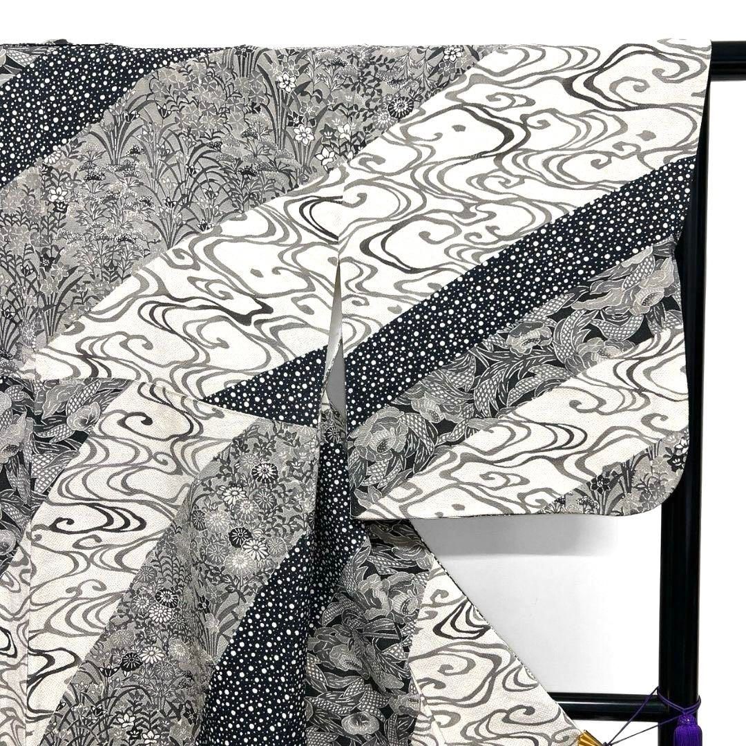 付け下げ　作家もの　桂　ドット　観世水　花模様　モノトーン　着物　083a p 付け下げ 作家もの 桂 ドット 観世水 花模様 モノトーン 着物 083a p