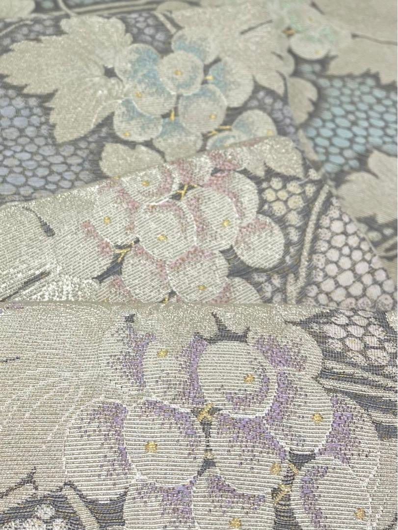 帝王紫 じゅらく 輪奈織 金華山 袋帯 葡萄 銀糸 正絹 六通