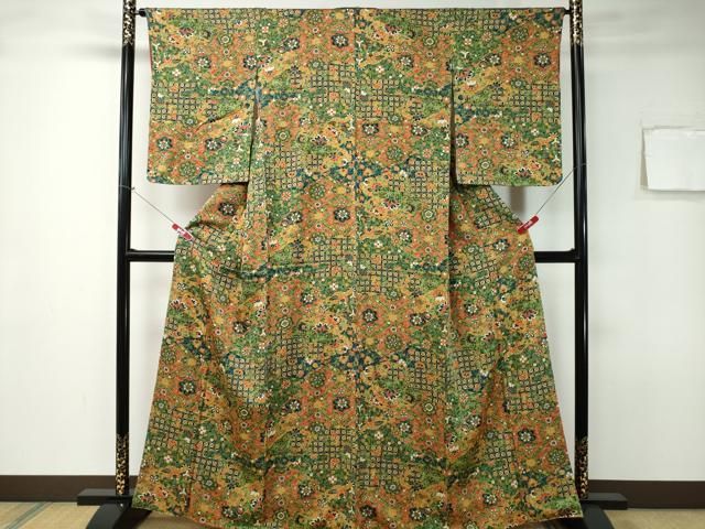 平和屋着物▽上質な紬 単衣 市松花文 正絹 逸品 AABC0243fy 平和