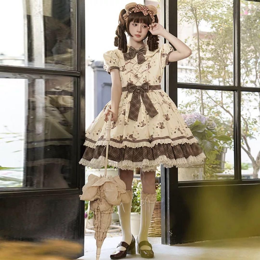 可愛いクマちゃん柄ロリータワンピース♪お出かけや女子会におすすめ