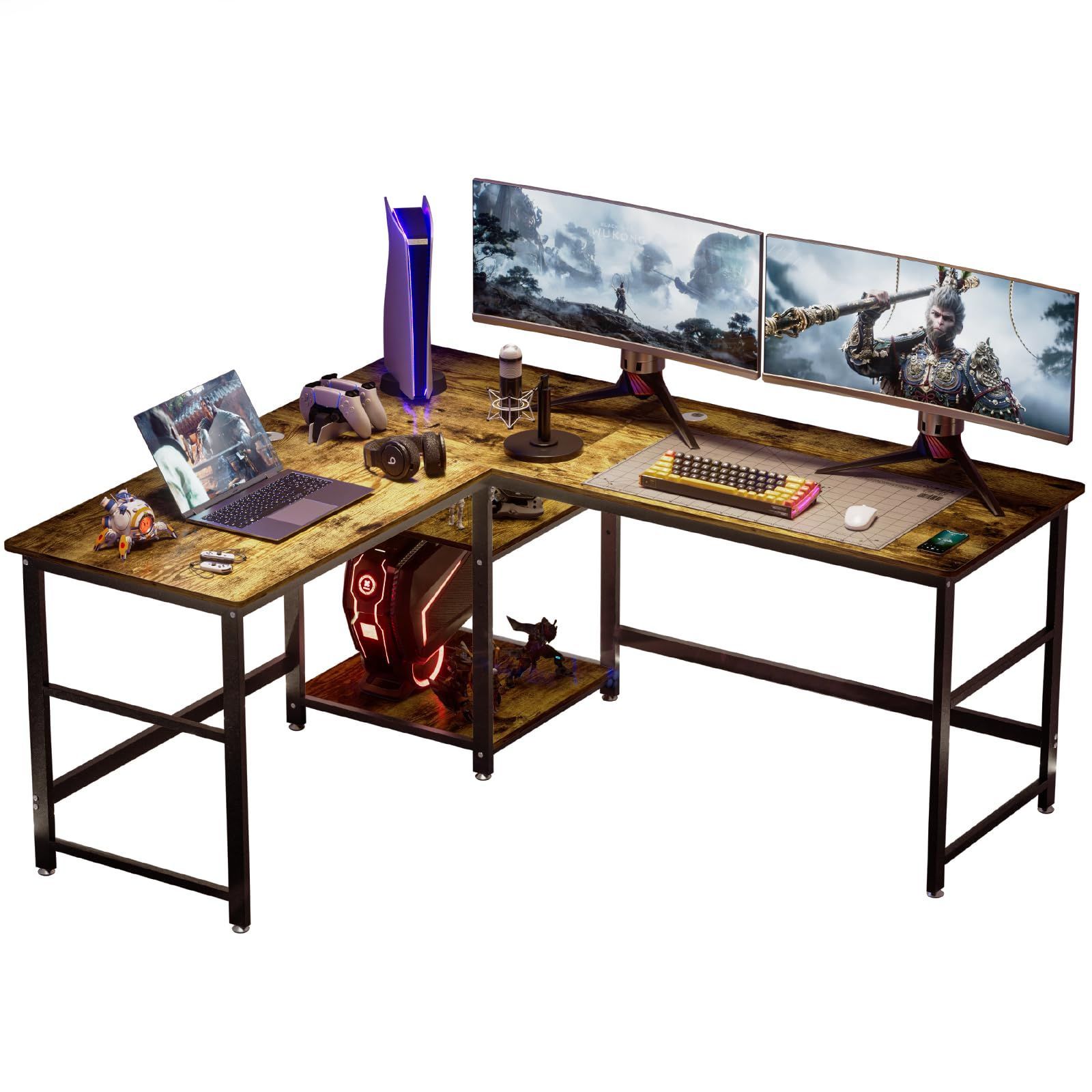新着商品 ブラウン 木目 170 150X60X75cm 木製 テレワーク 4cmフレーム コーナーデスク 総耐荷重180kg グラつき防止 メラミン加工 PCデスク オフィスデスク 超ワイドL字デスク 可動収納棚付き 奥行60cm 幅170 150cm