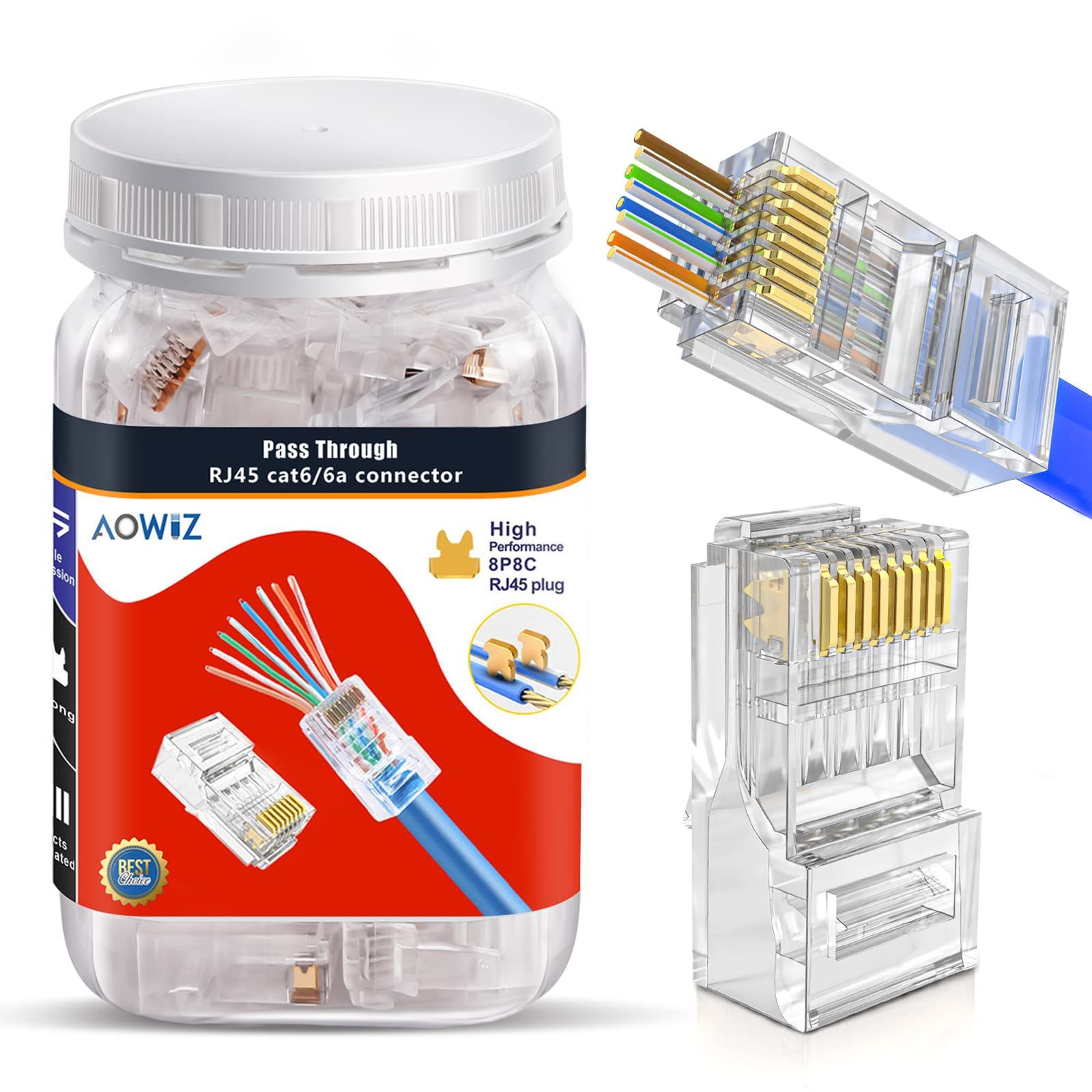 AOWIZ RJ45 Cat6 Cat6a コネクタ パススルー 23AWG 100個パック 
