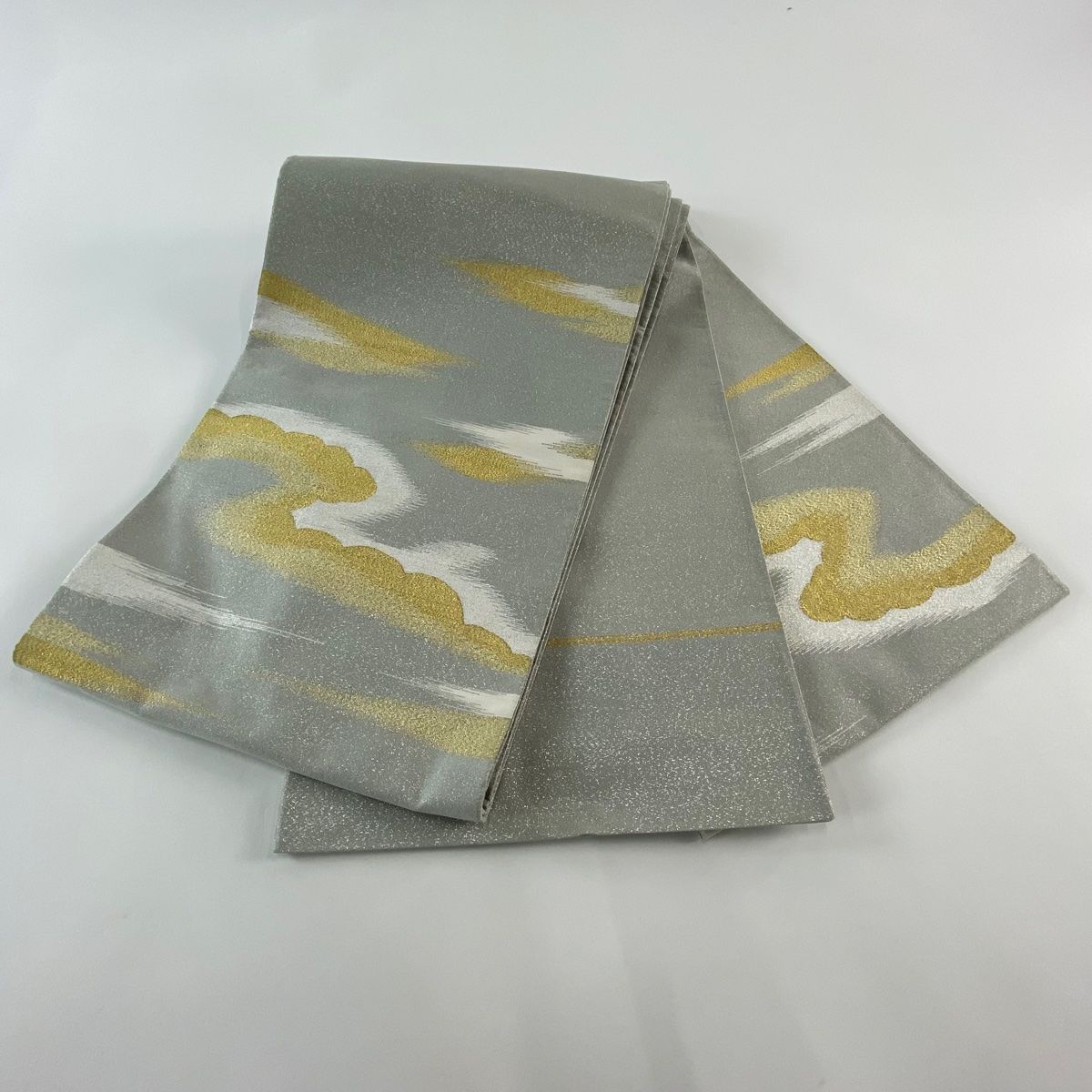競ナビ】袋帯 美品 名品 霞 金銀糸 箔 灰緑 お太鼓柄 正絹 【中古】