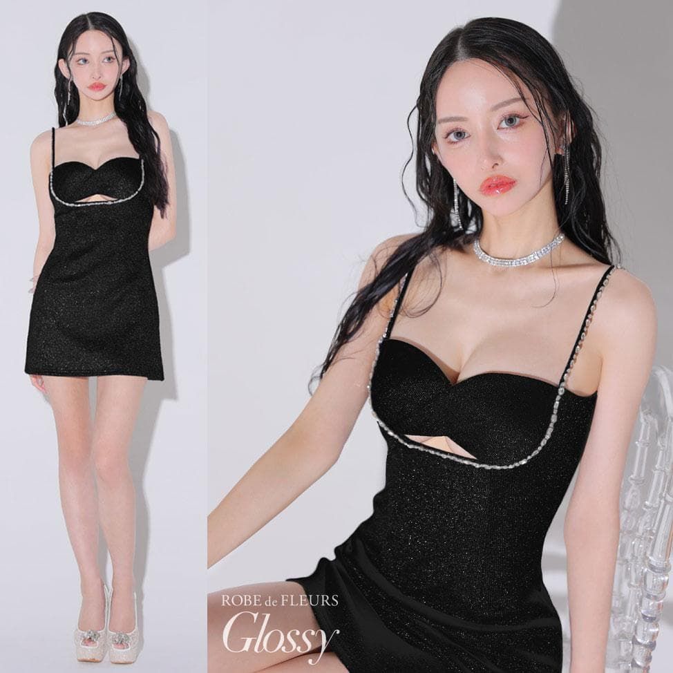 【ROBE de FLEURS Glossy / ローブドフルールグロッシー】ラメリブニットタイトストレッチキャミミニキャバドレス GL3571 ROBE de FLEURS Glossy / ローブドフルールグロッシー】ラメリブニット