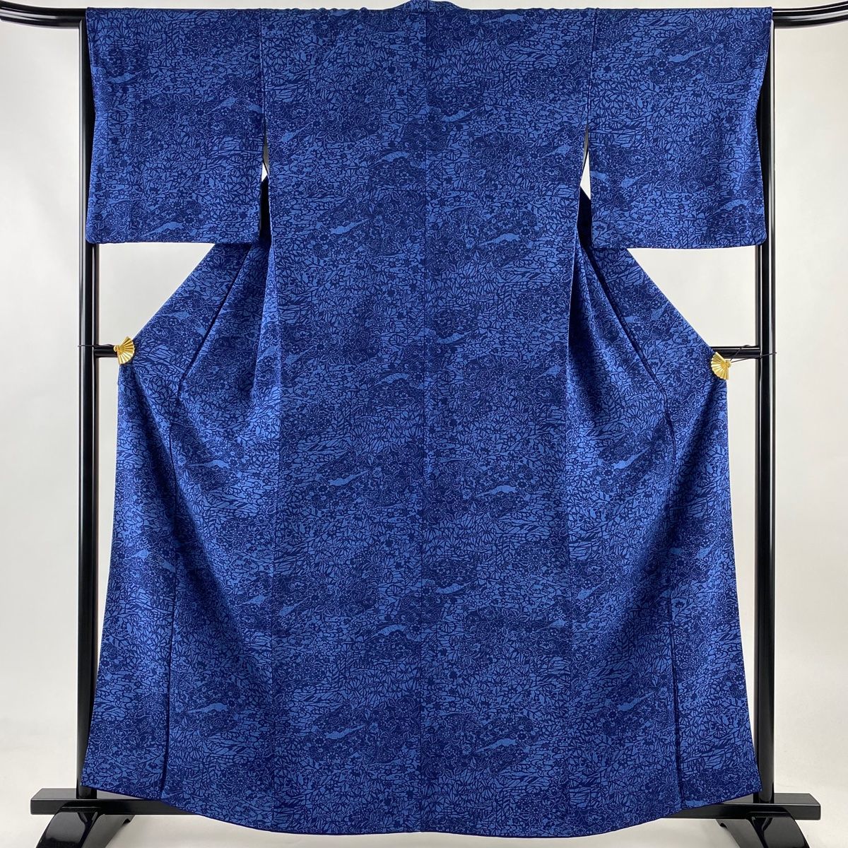 小紋 身丈160.5cm 裄丈66cm M 袷 草花 流水 藍色 正絹 秀品