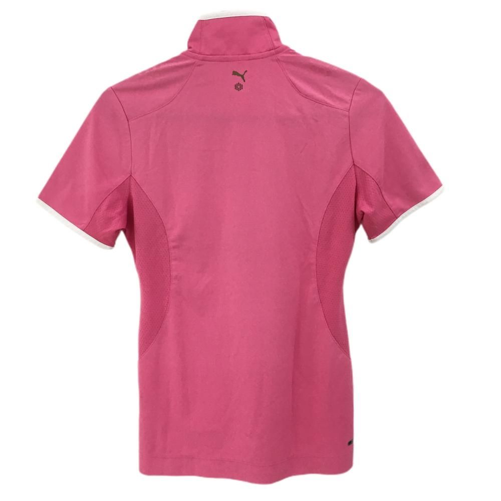 プーマ 半袖ハイネックシャツ ピンク×白 ハーフジップ ロゴ刺しゅう レディース L ゴルフウェア PUMA