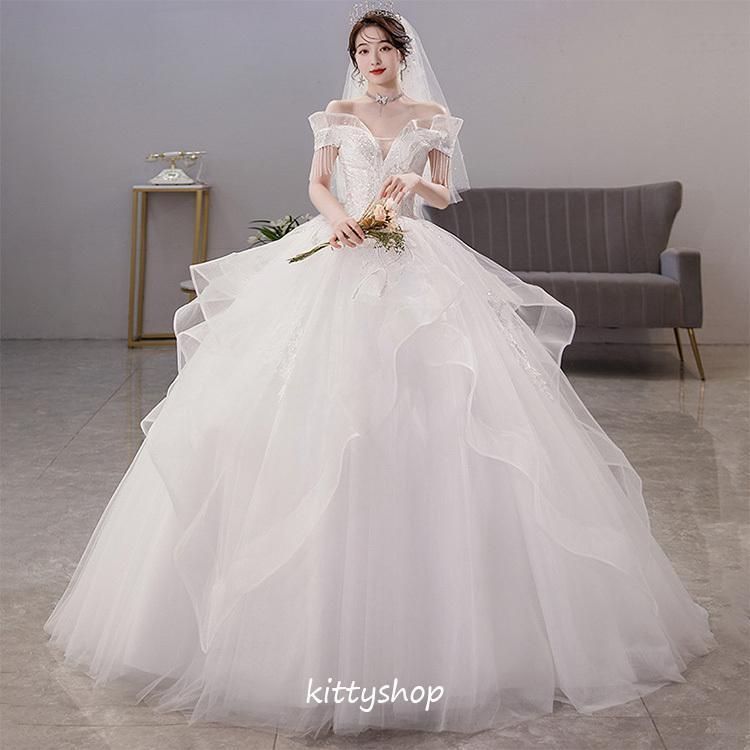 オフショルプリンセスドレス 白 プリンセス ウェディングドレス