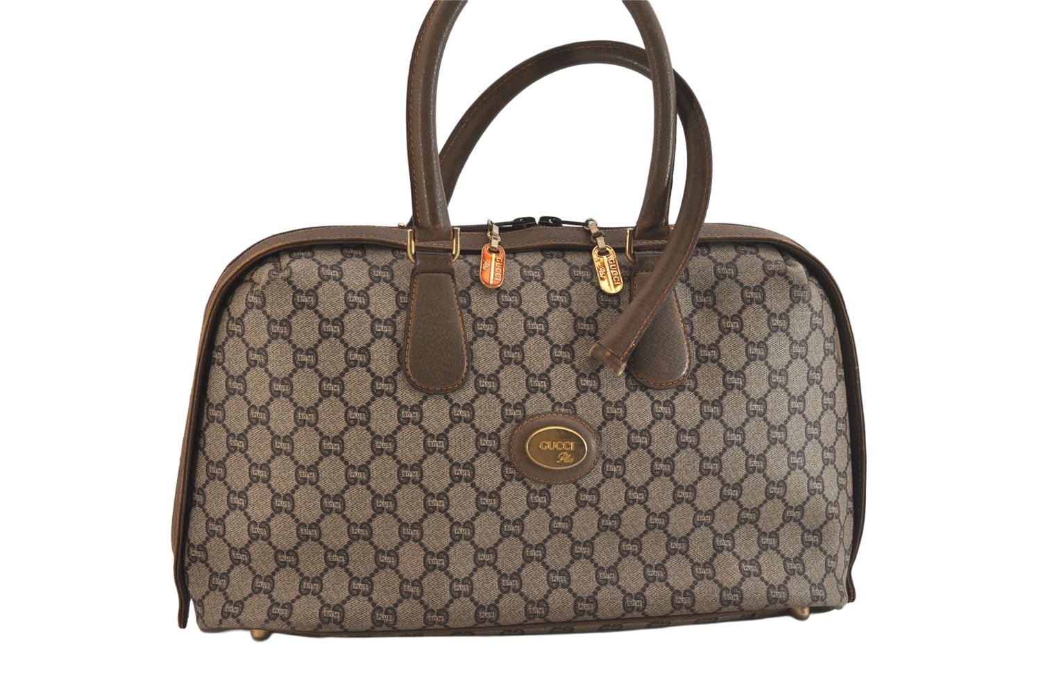 GUCCI グッチ ヴィンテージ GG プラス ボストンハンドバッグ ピーブイシー レザー ブラウン ジャンク 6974M