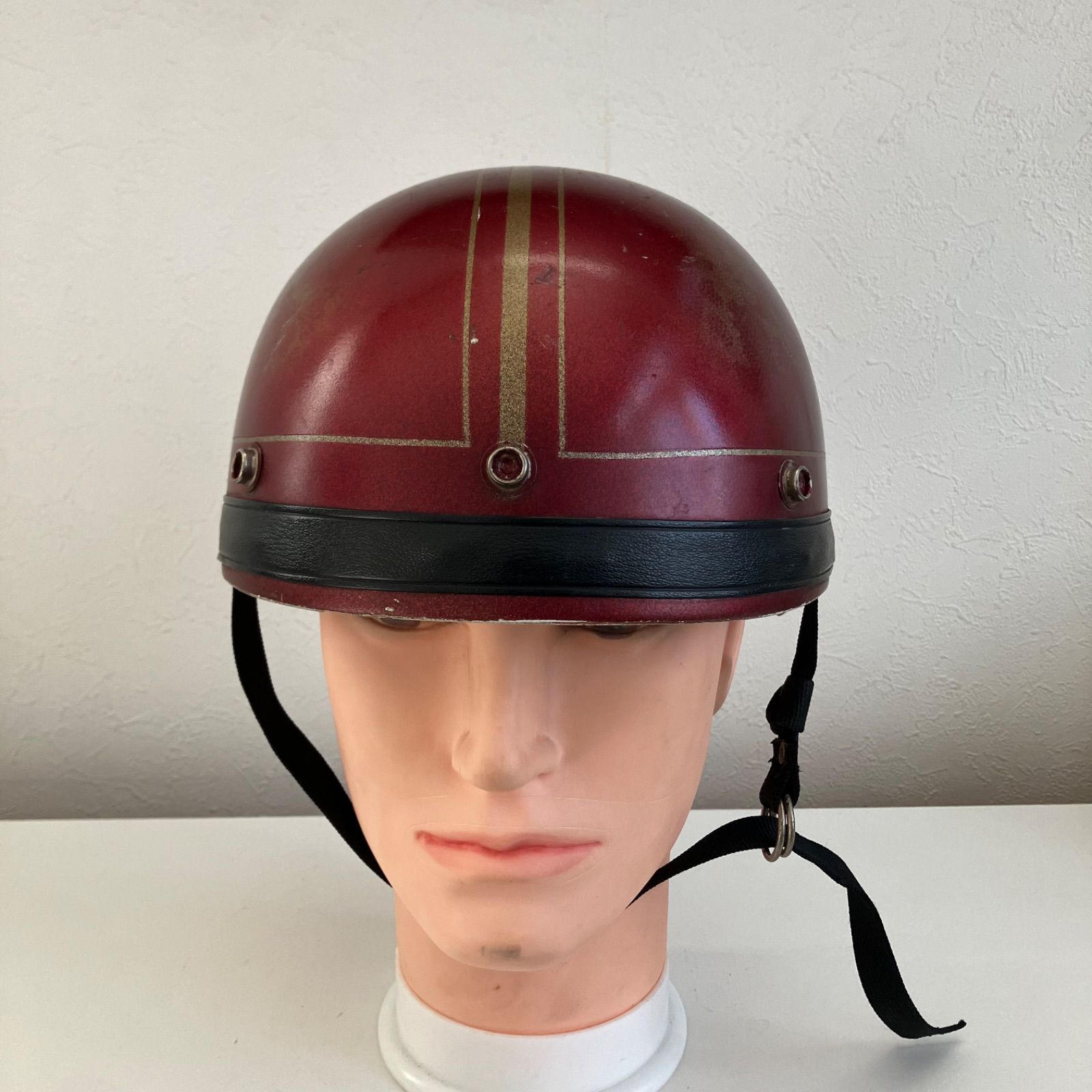 ビンテージヘルメット 1970年代 ハーフヘルメット S-Mサイズ 模様 アンティーク 当時物 旧車 所さん バイク 赤 天吊り 半帽 革 オートバイ