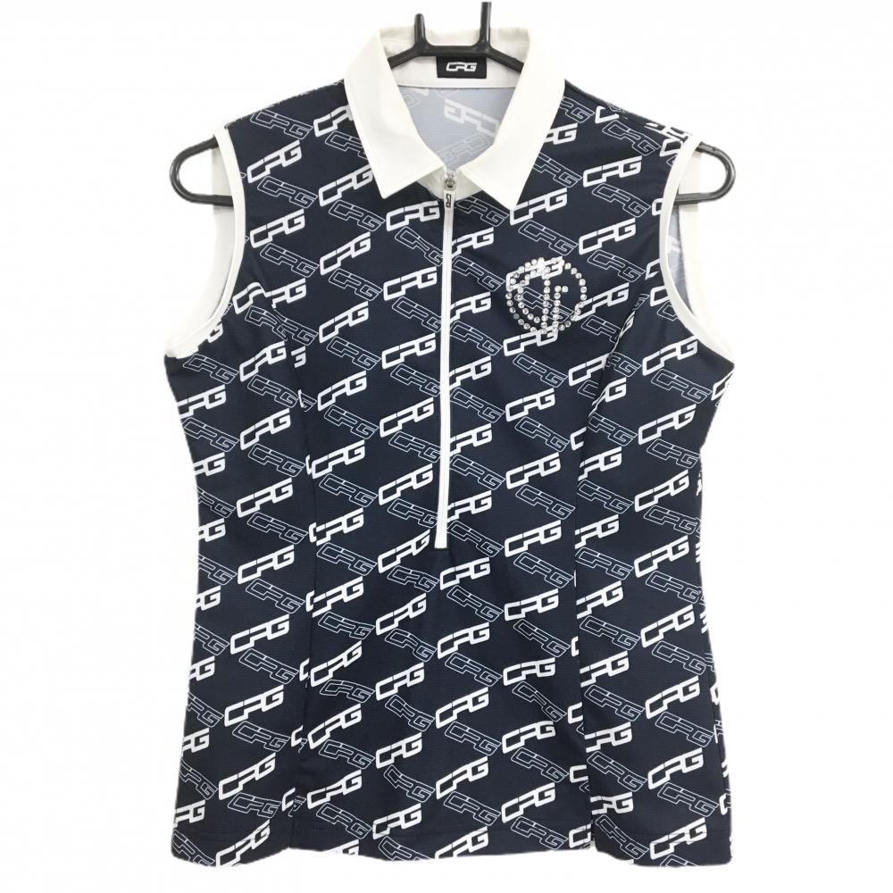 シーピージーゴルフ ノースリーブポロシャツ ネイビー×白 ロゴ総柄