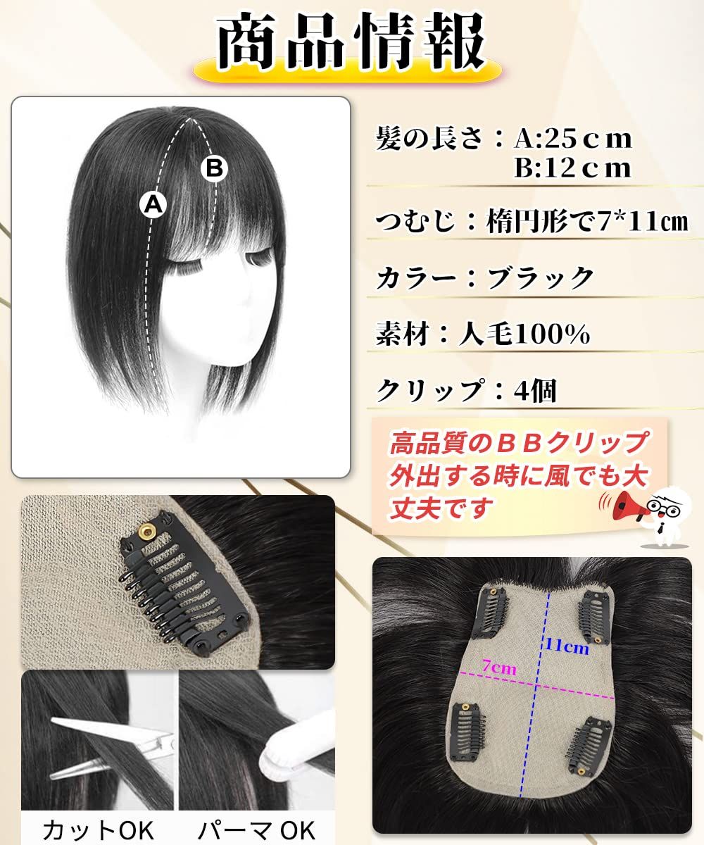 ヘアピース 人毛 頭頂部 付け毛 つむじ 人毛 女性 トップヘアピース レディースヘアピース ウィッグ 部分手植え Aisiqueens部分ウィッグ ブラック 黒髪 hair 前髪付き