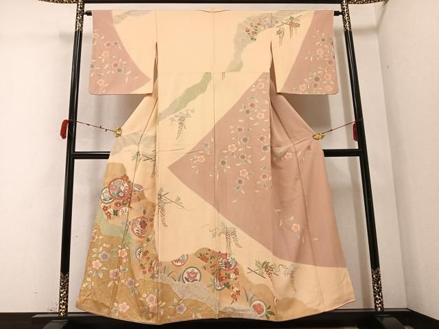 平和屋着物○訪問着 駒刺繍 慶彩小袖 枝花文 金彩 正絹