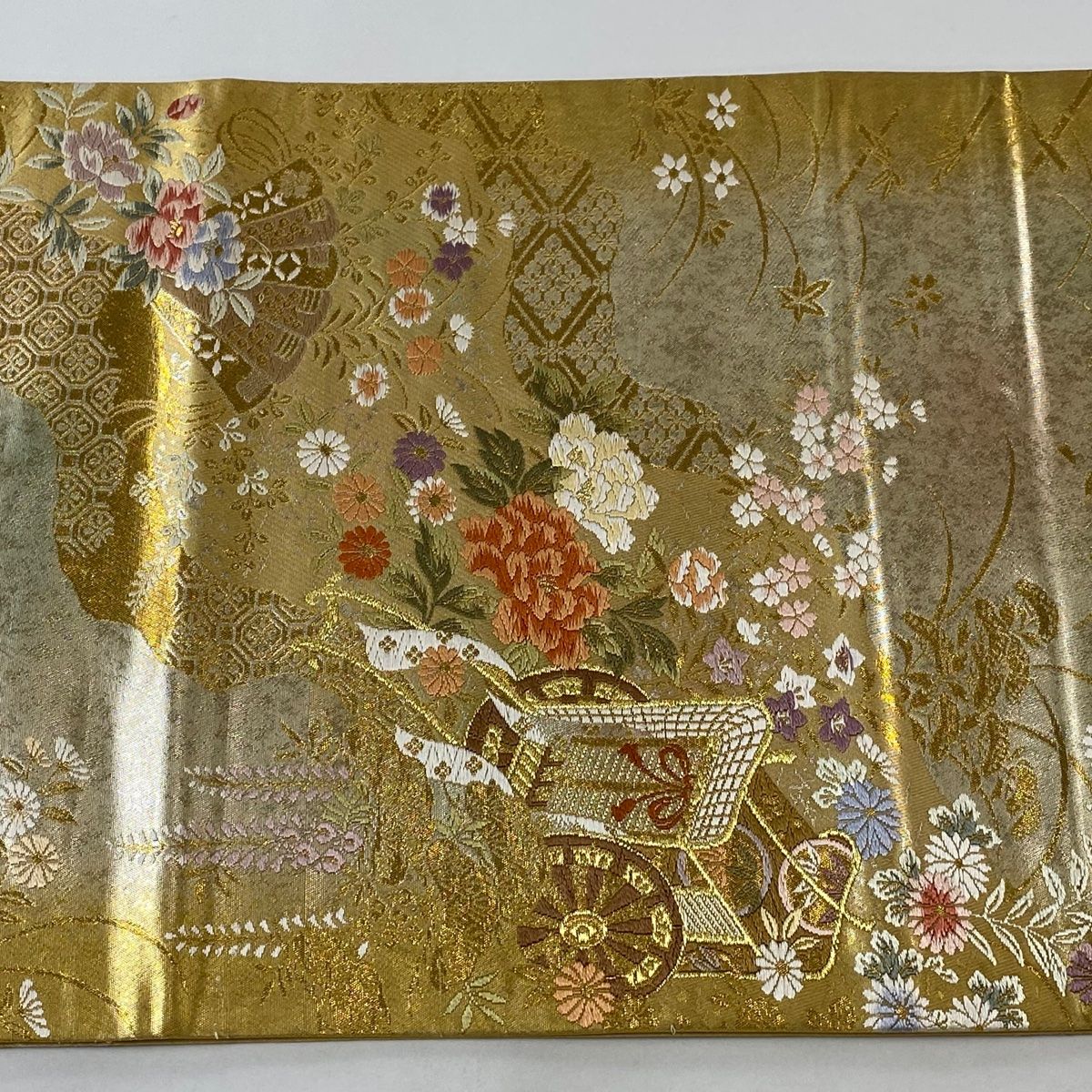 美品】袋帯 正絹 金糸 金色 花柄刺繍 レトロ 美品】 袋帯 秀品 桧扇