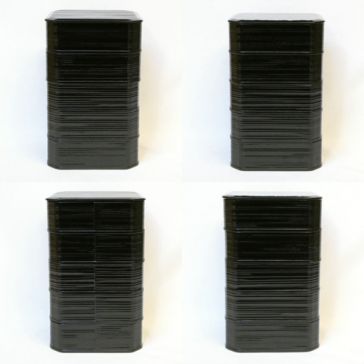 十月の特売品 本堅地漆器 平安漆匠 鈴木表朔作 五重縁高 黒ヘギ目 一閑塗 片木目 懐石道具 木製 茶道具