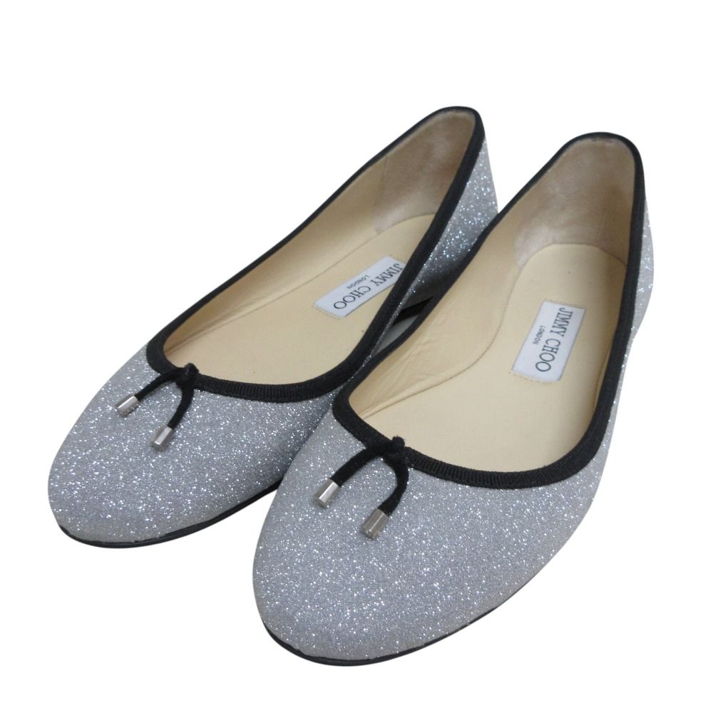 JIMMY CHOO ジミーチュウ リボン ラメ グリッター フラットパンプス バレエシューズ 36 1|2 23.5cm相当 シルバー レディース 古着
