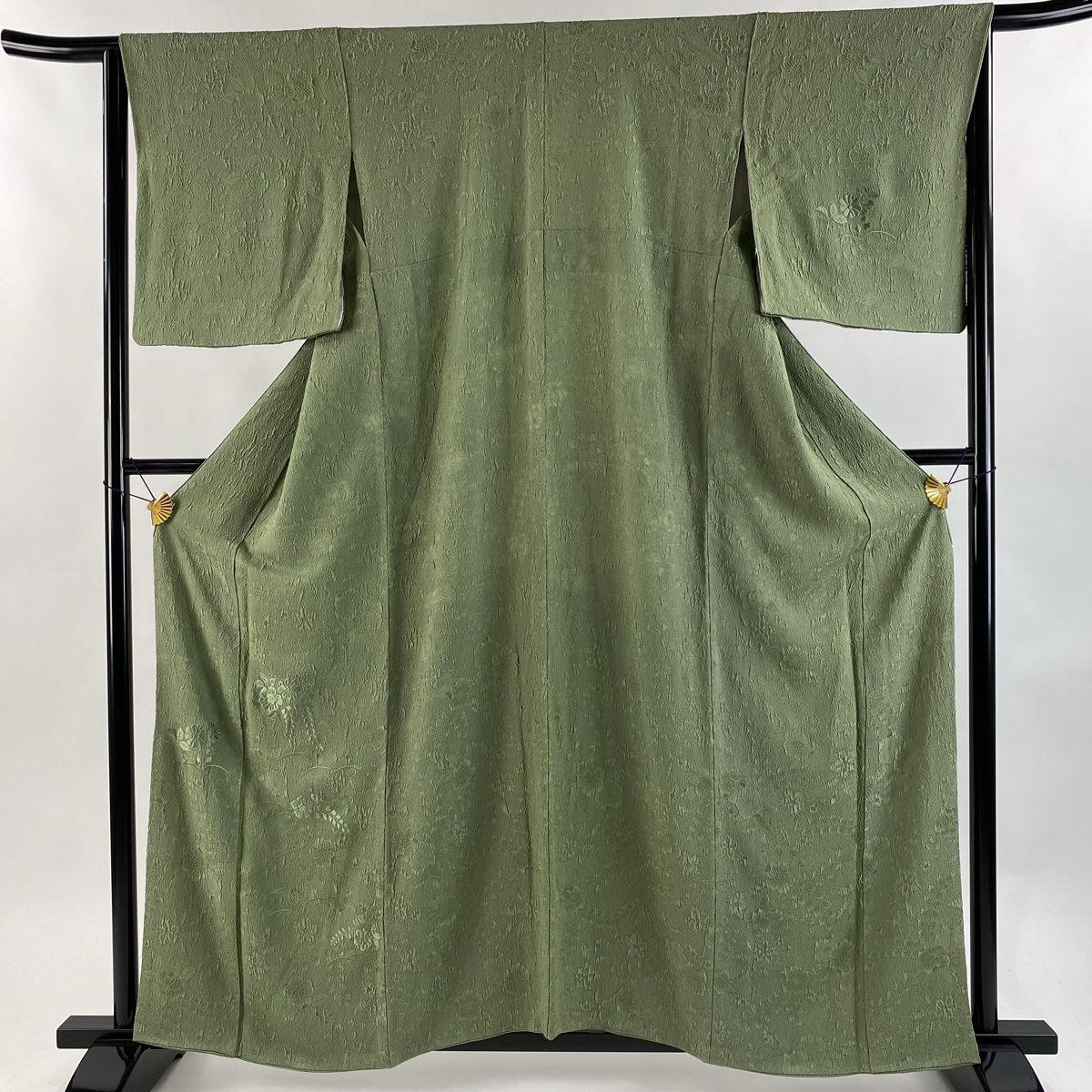 色無地 身丈159cm 裄丈64.5cm M 袷 地紋 よもぎ色 正絹 秀品