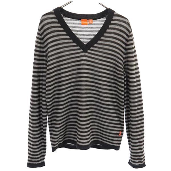 ヒューゴボス ウール100％ ボーダー 長袖 Vネック Tシャツ M グレー系 HUGO BOSS ロンT メンズ 古着 【231117】