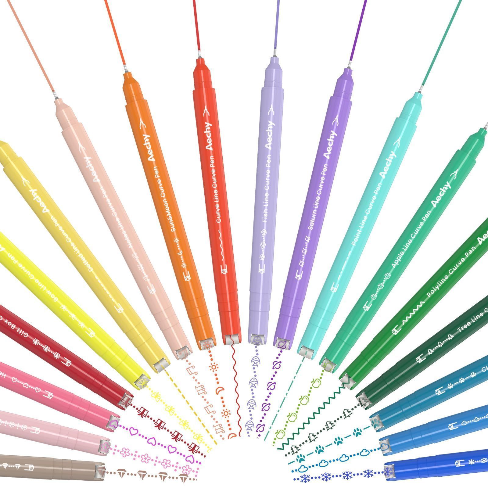 カーブペン+0.4mm細字ペン（18色） Aechy カーブペン 水性ペン 18本カラーペンセット ツインマーカー 細字ペン先 18種類ローラースタンプ 速乾 手帳/ノート/カード作り 子供 大人 筆記用具（18色