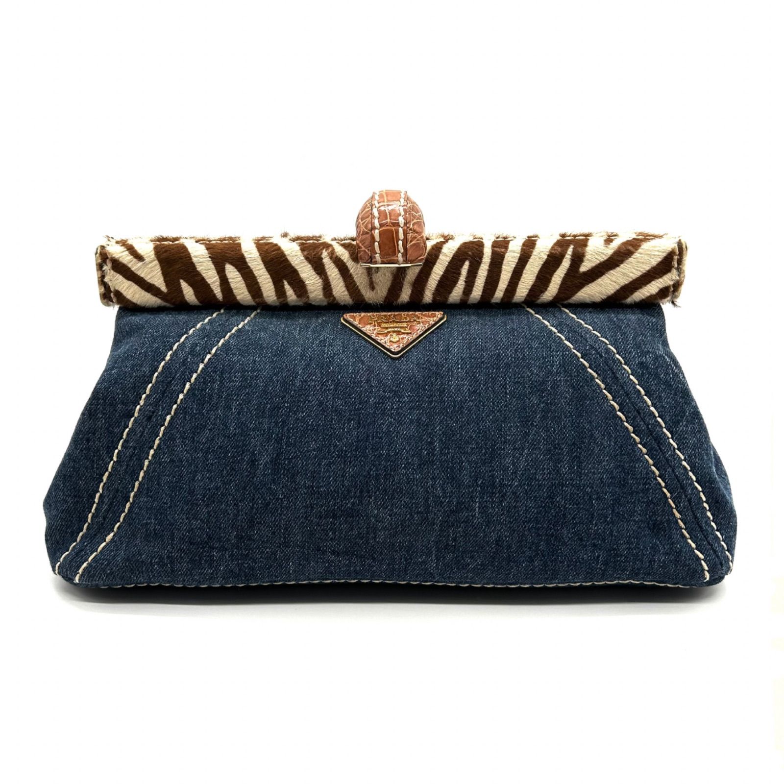 PRADA デニム　クラッチバッグ　美品 PRADA プラダ クラッチバッグ デニム ブルー ハラコ ゼブラ クラッチ