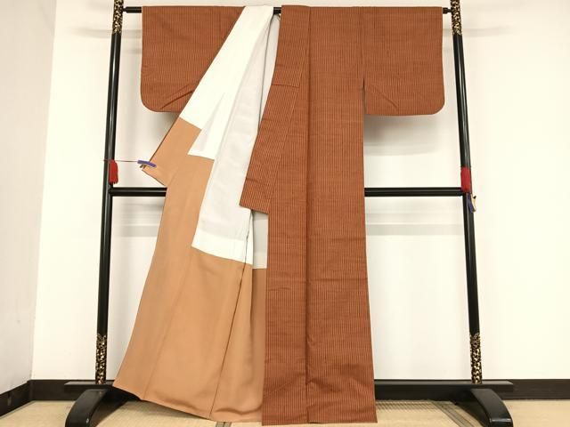 平和屋着物○国指定重要無形文化財 本場久米島紬 手織 縞 正絹 逸品  