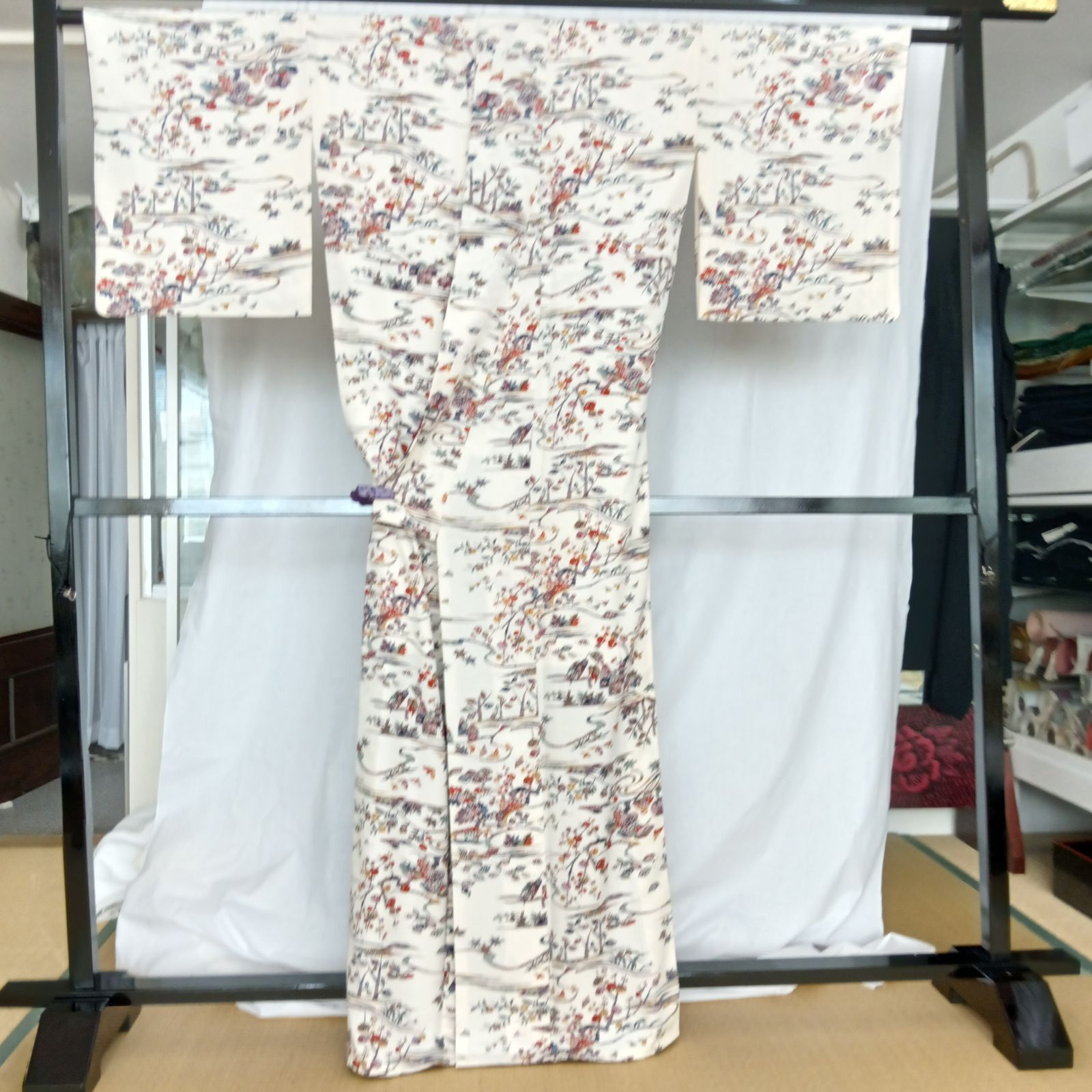 綺麗なお色目♪ 正絹　小紋 値下げ交渉OK！夏物 駒絽 深紫色 松葉 小紋 正絹 B238