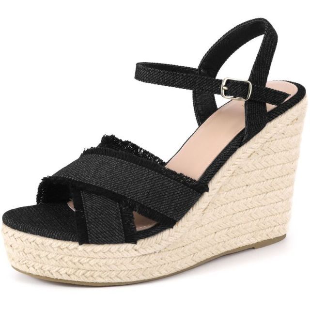 【送料無料】 アレグラ ケー レディース サンダル シューズ Women's Denim Crisscross Strap Wedge Shoes Platform Espadrilles Wedge Heel Sandals Black