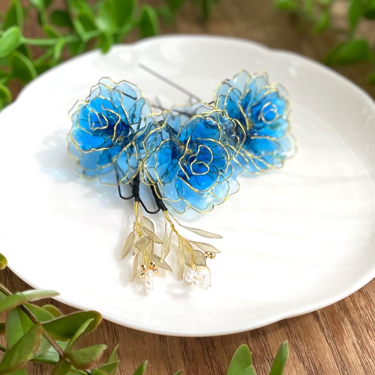 薔薇の髪飾り《ブルー》 ＊アメリカンフラワー ＊ディップ
