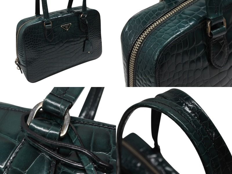 【激安通販】 PRADA プラダ ハンドバッグ トートバッグ トライアングルロゴ クロコダイル型押しレザー グリーン シルバー金具 4b007331 耐久性がある