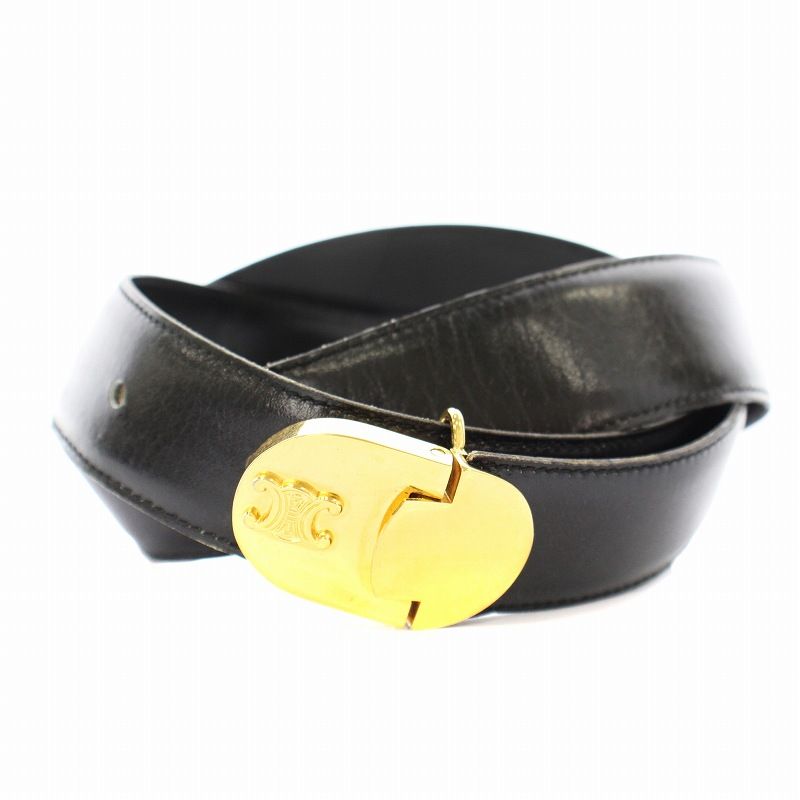 おすすめ セリーヌ CELINE ベルト レザー バックル マカダム ロゴ 85 黒 小物
