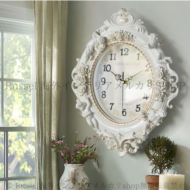 掛け時計 天使 壁掛け時計 ヨーロッパ アンティーク調 エレガント ロココ調 樹脂 ホワイト オフホワイト シャンパンゴールド お洒落 姫系 かわいい シンプル リビング 寝室 玄関