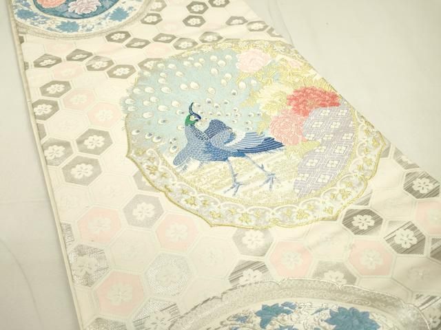 平和屋着物▽六通柄袋帯 唐織 孔雀花絵皿文 金銀糸 正絹 逸品