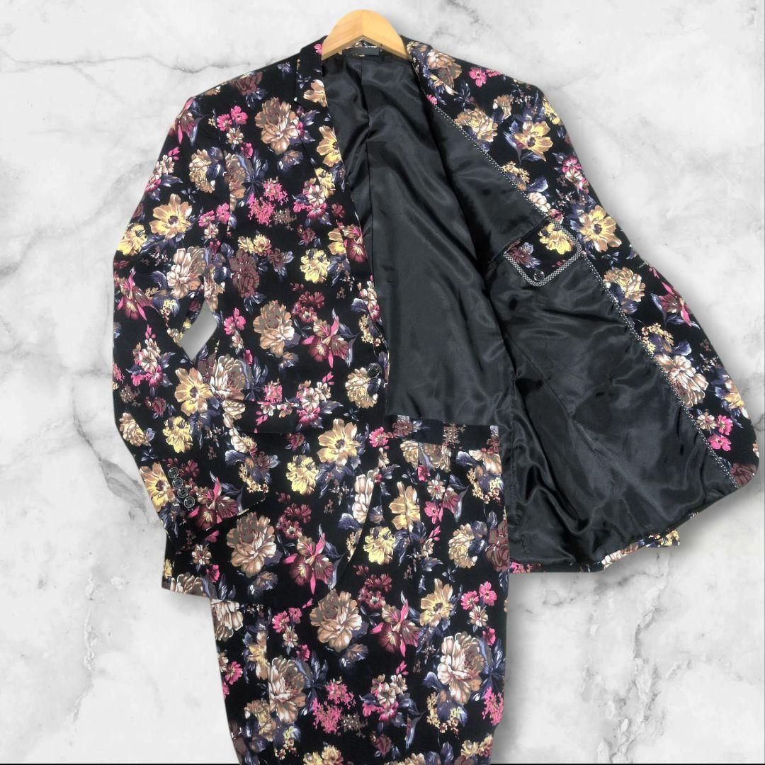|XL相当 メンズスーツ セットアップ 花柄 総柄 ブラック 1ボタン