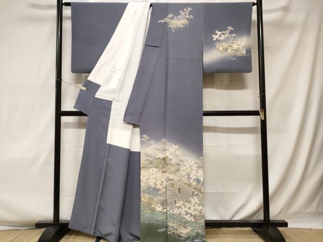 訪問着【林静穂】十日町友禅染 川辺風景 正絹 袷着物 灰焦げ茶色 紋なし 共八掛 長月の徹底在庫処分！” 【女流作家 林静穂】 特選本手加工十日町