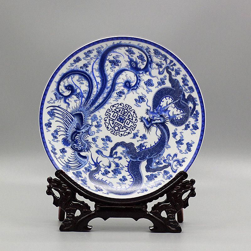 清乾隆青花双鳳紋磁器皿 景徳鎮 陶磁器 装飾品 現代工芸品 美術品 置物 大清乾隆龍鳳呈祥青磁皿 景徳鎮 陶磁器 装飾品 現代工芸品美術品