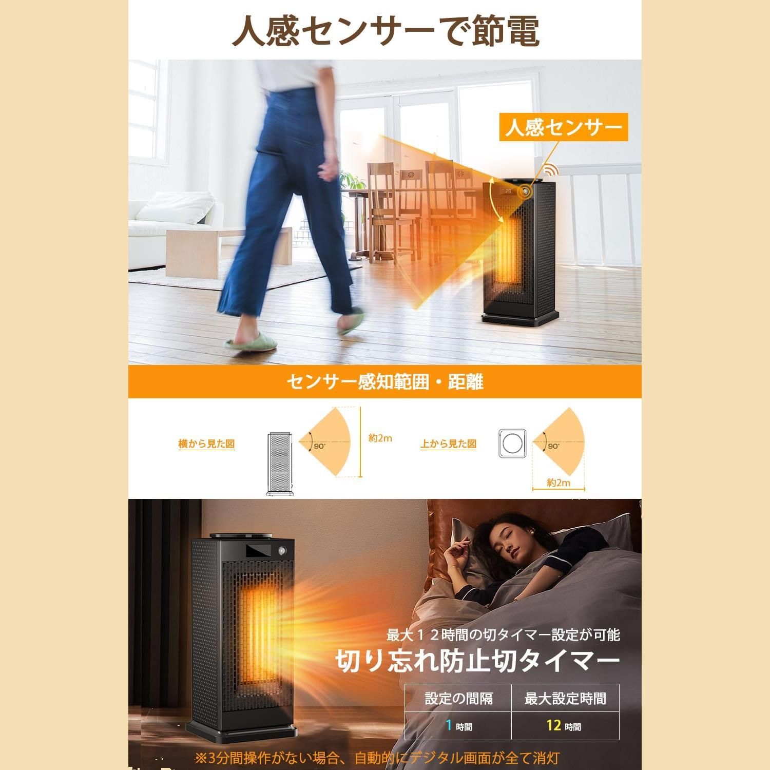 数量限定】首振り 電気ファンヒーター 人感センサー 足元