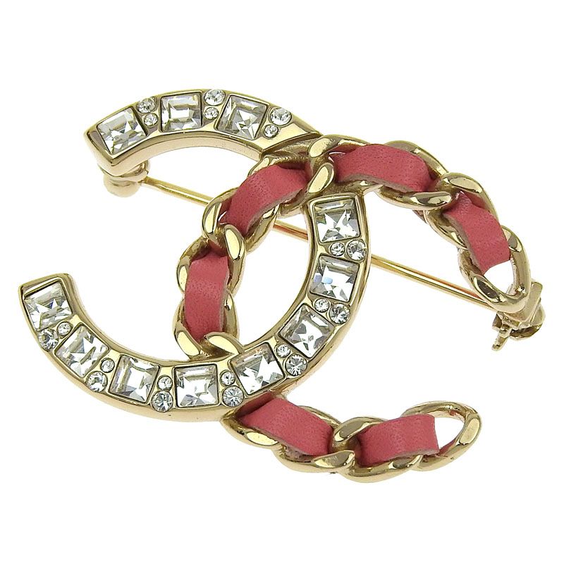 シャネル CHANEL ブローチ ココマーク ラインストーン GP|レザー ピンク ゴールド色 B18K 新入荷 CH1022