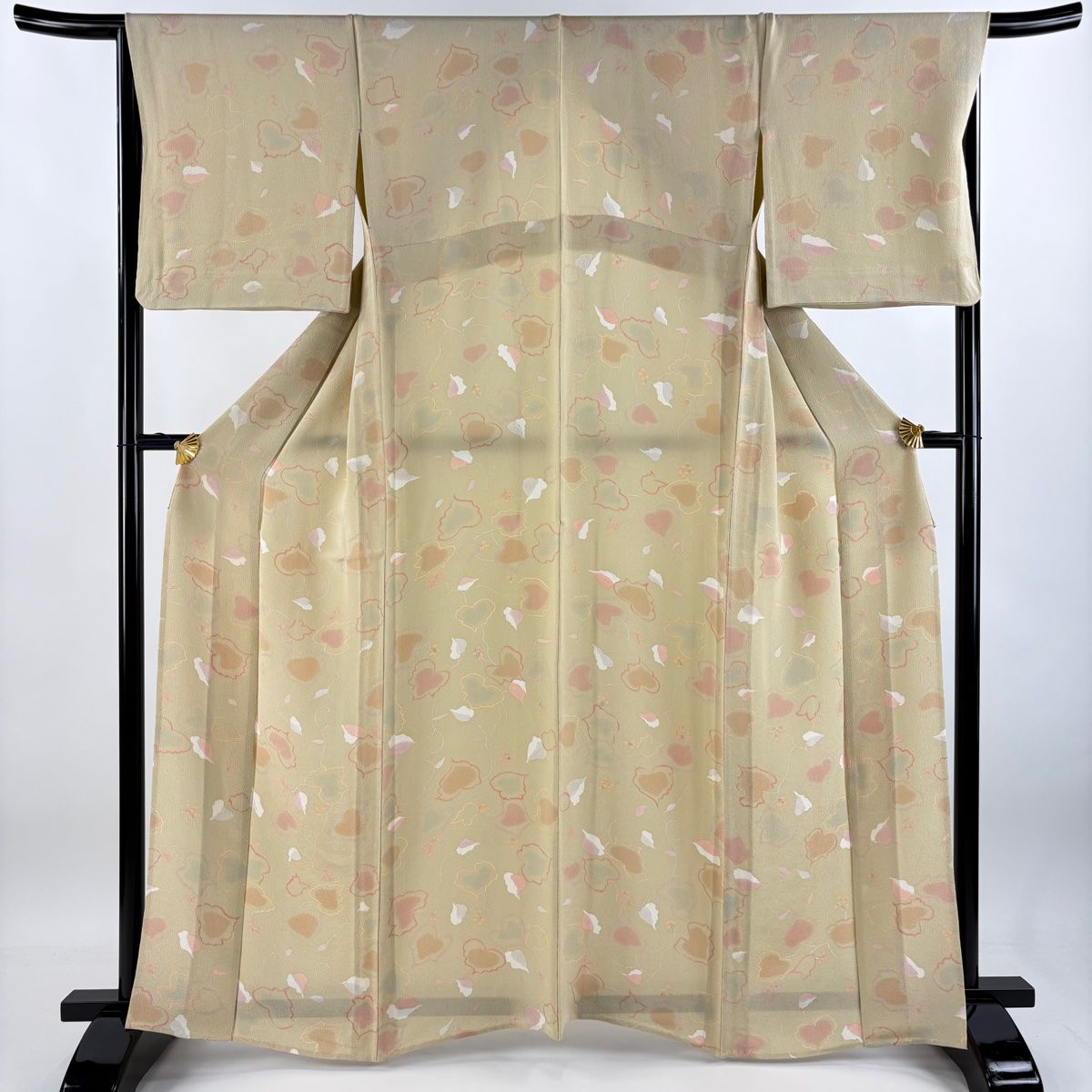 小紋 身丈163cm 裄丈67.5cm L 単衣 葉柄 実 縮緬 ベージュ 正絹 秀品