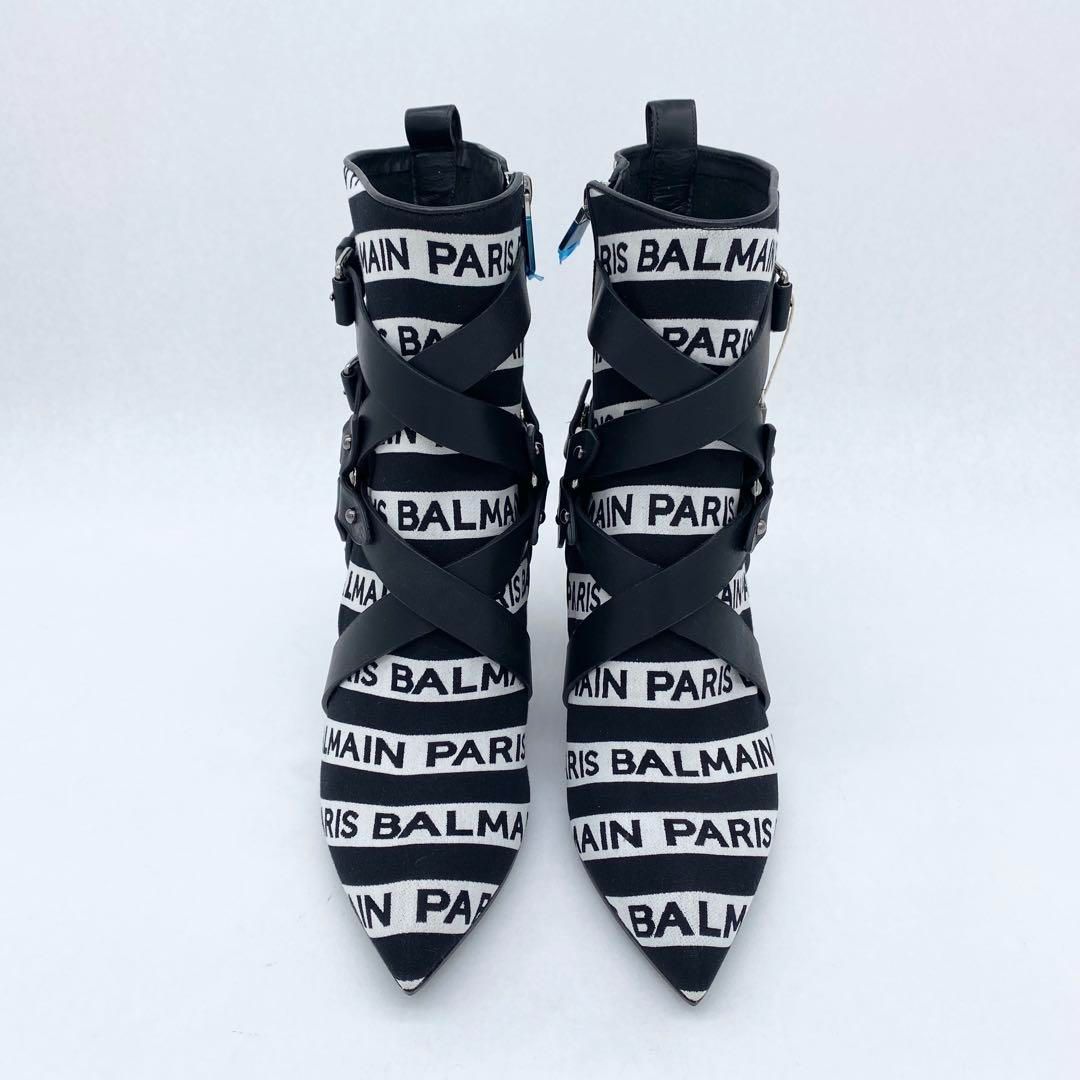 A16361 ♥ バルマン 総柄 ロゴテープ リングブーツ ブラック 36
