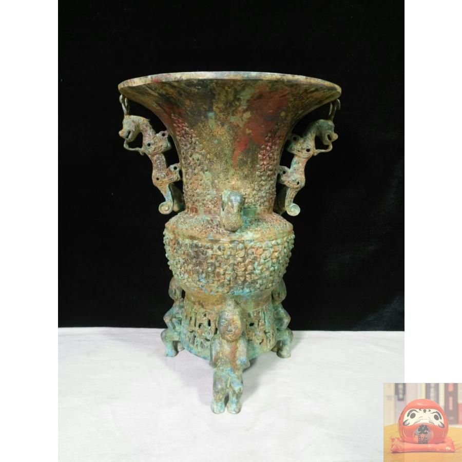 中国古美術.珍品旧蔵.青銅器.細密彫.獣耳樽.装酒器 .祭祀礼器